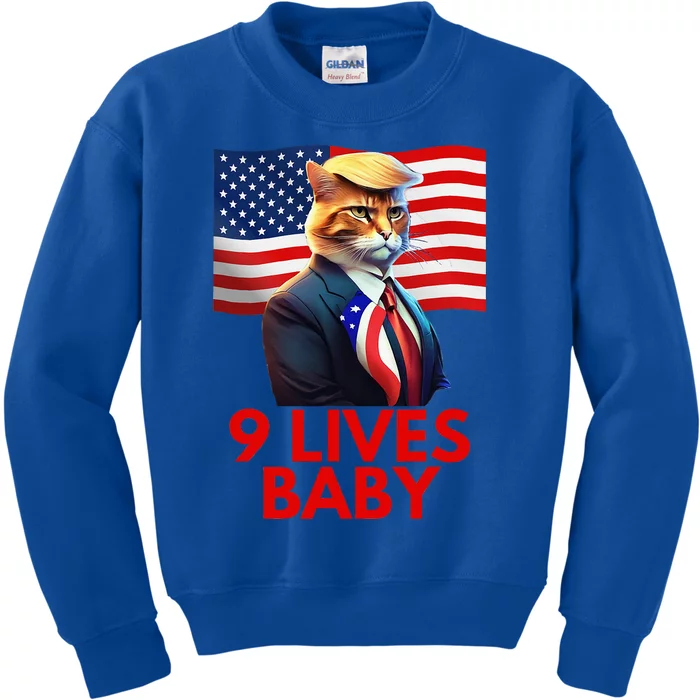 Cat In Suite With Trump Hair American Flag Nine Lives Baby Kids Sweatshirt