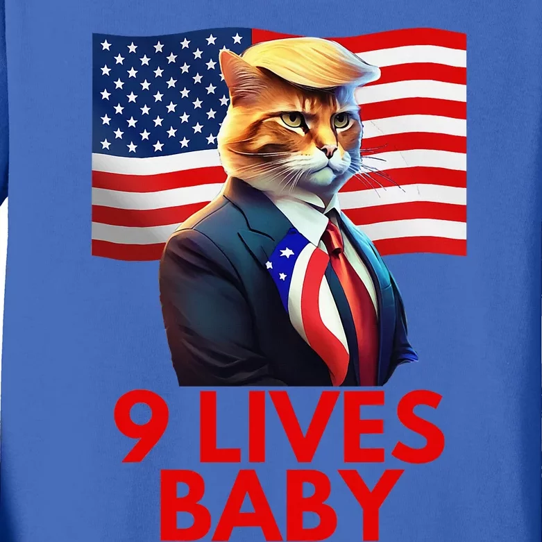 Cat In Suite With Trump Hair American Flag Nine Lives Baby Kids Long Sleeve Shirt