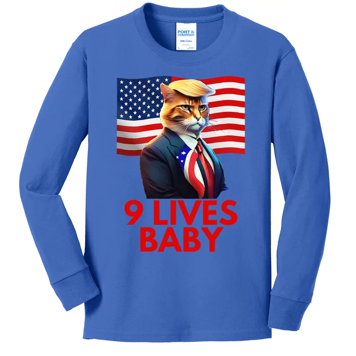 Cat In Suite With Trump Hair American Flag Nine Lives Baby Kids Long Sleeve Shirt