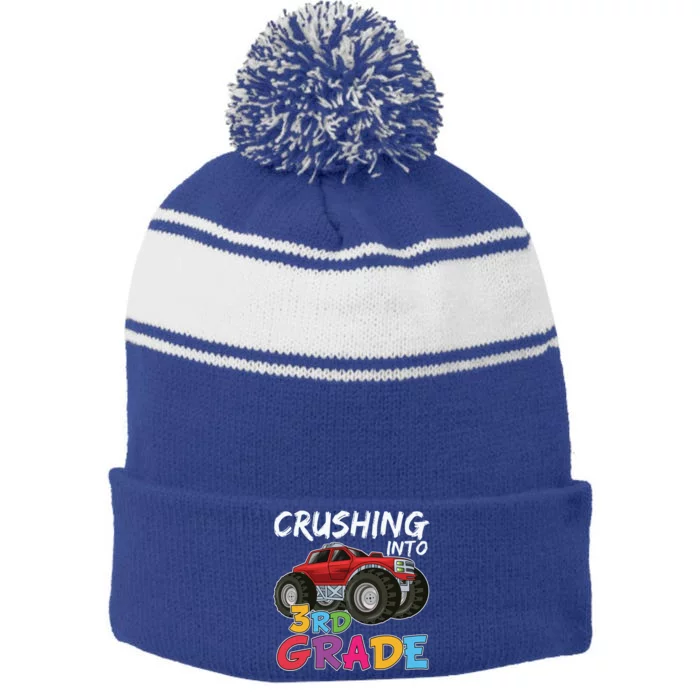 Crushing Into Third Grade Monster Truck Cute 3Rd Grade Gift Stripe Pom Pom Beanie