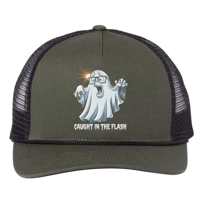 Caught In The Flash Funny Ghost Design For Halloween Fans Retro Rope Trucker Hat Cap