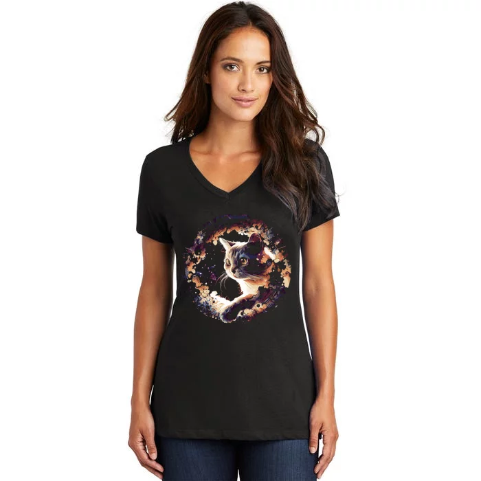 Cat In Universe Space Cat Women's V-Neck T-Shirt