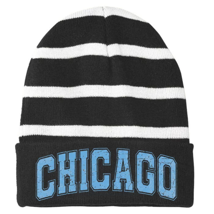 Chicago Il Vintage Sports Sky Blue Retro Varsity Text Striped Beanie with Solid Band