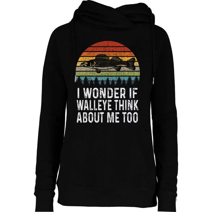 Cute I Wonder If Walleye Think About Me Funny Walleye Fishing Womens Funnel Neck Pullover Hood