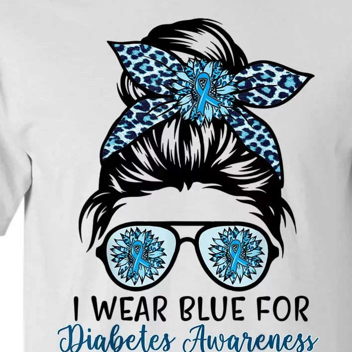 Cute I Wear Blue For Diabetes Awareness, Leopard Messy Bun Tall T-Shirt