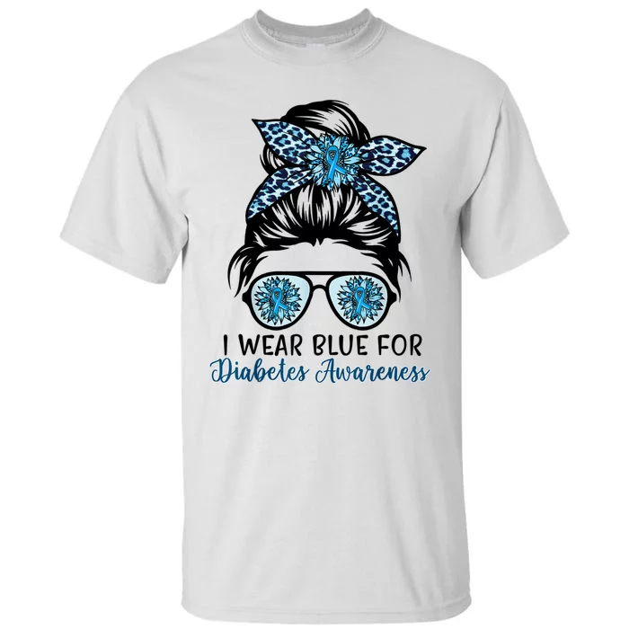 Cute I Wear Blue For Diabetes Awareness, Leopard Messy Bun Tall T-Shirt