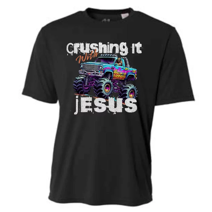 Crushing It With Jesus Christian Monster Truck Jesus Cooling Performance Crew T-Shirt