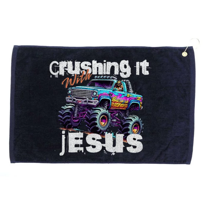 Crushing It With Jesus Christian Monster Truck Jesus Grommeted Golf Towel