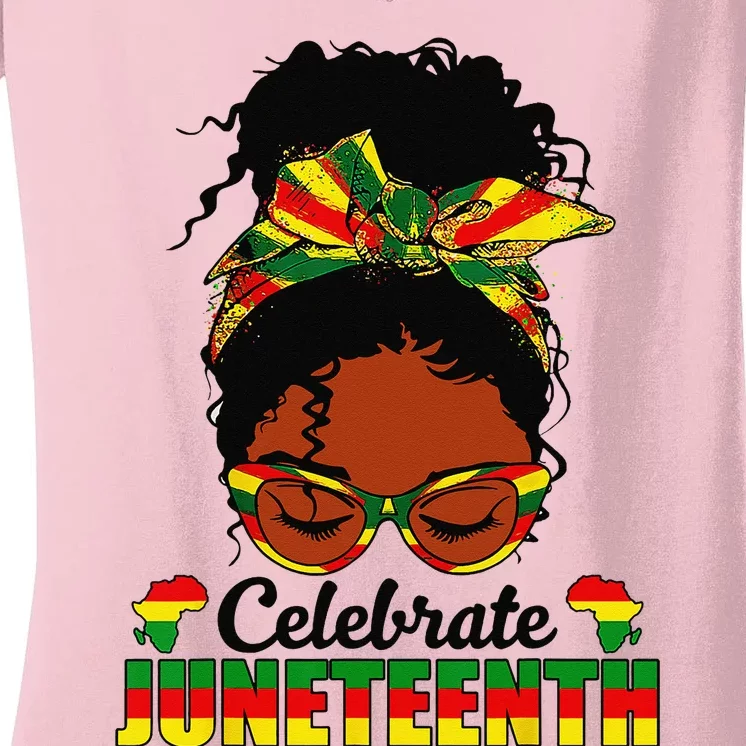 Celebrate Juneteenth 1865 Messy Bun Glasses Black Wo Women's V-Neck T-Shirt