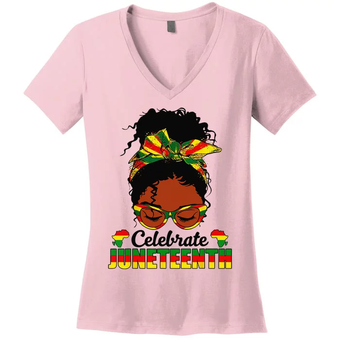 Celebrate Juneteenth 1865 Messy Bun Glasses Black Wo Women's V-Neck T-Shirt