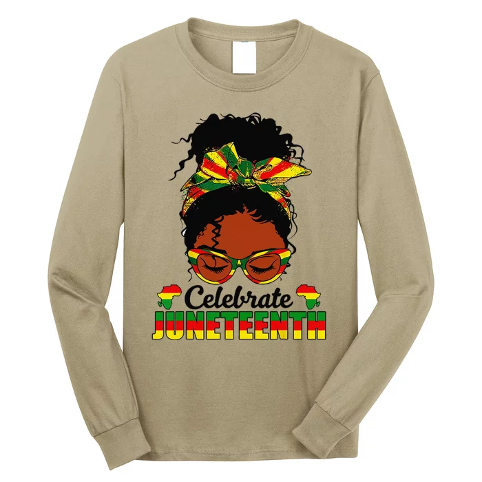 Celebrate Juneteenth 1865 Messy Bun Glasses Black Wo Long Sleeve Shirt