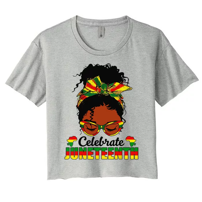 Celebrate Juneteenth 1865 Messy Bun Glasses Black Wo Women's Crop Top Tee