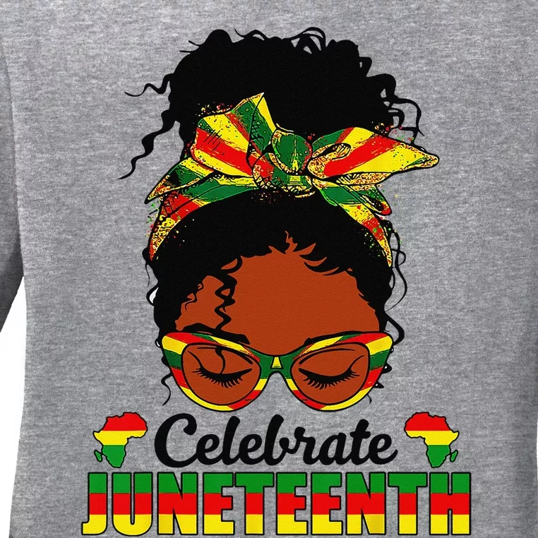 Celebrate Juneteenth 1865 Messy Bun Glasses Black Wo Ladies Long Sleeve Shirt