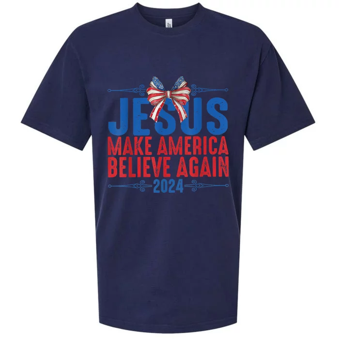 Coquette Jesus 2024 Make America Believe Again Sueded Cloud Jersey T-Shirt