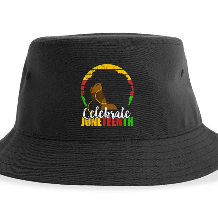 Celebrate Juneteenth Afro Woman Retro African Colors Gift Sustainable Bucket Hat