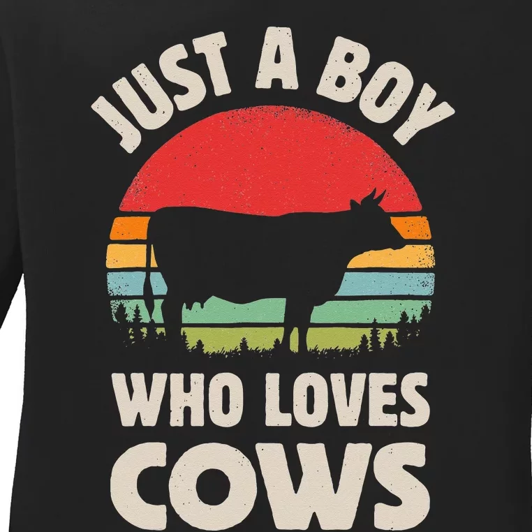 Cow Just A Who Loves Retro Farm Animal Farmer Sunset Ladies Long Sleeve Shirt