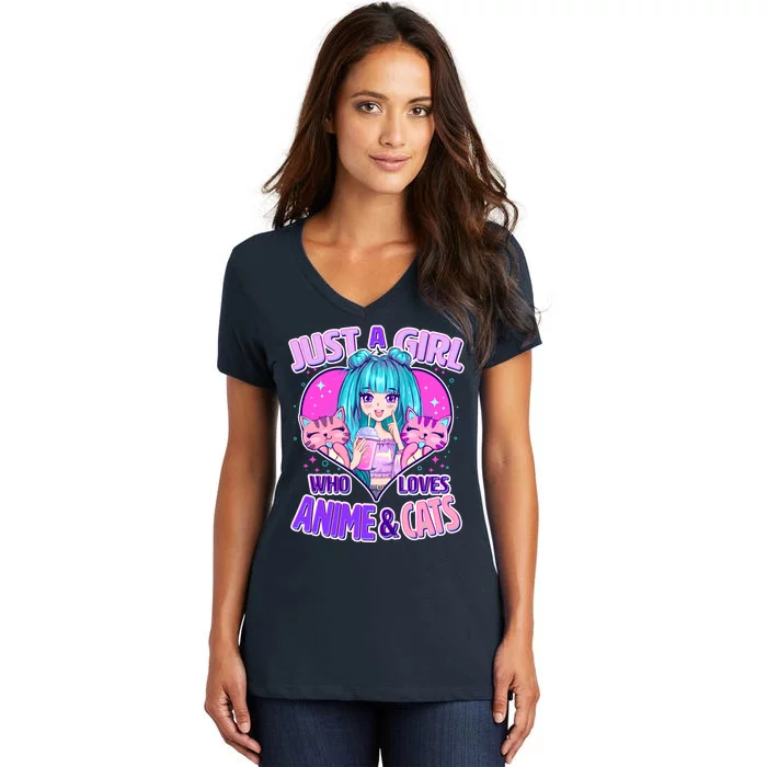 Cute Just A Girl Who Love Anime And Cats Women's V-Neck T-Shirt