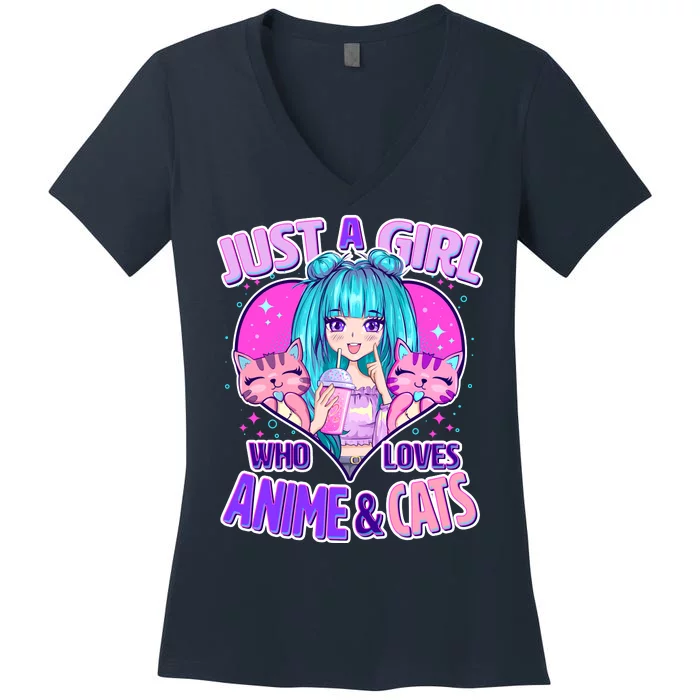 Cute Just A Girl Who Love Anime And Cats Women's V-Neck T-Shirt