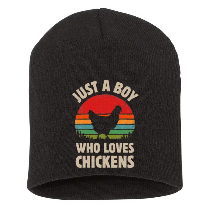 Chicken Just A Boy Who Loves Retro Farm Animal Farmer Sunset Short Acrylic Beanie