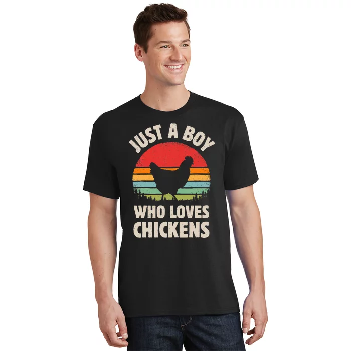 Chicken Just A Boy Who Loves Retro Farm Animal Farmer Sunset T-Shirt