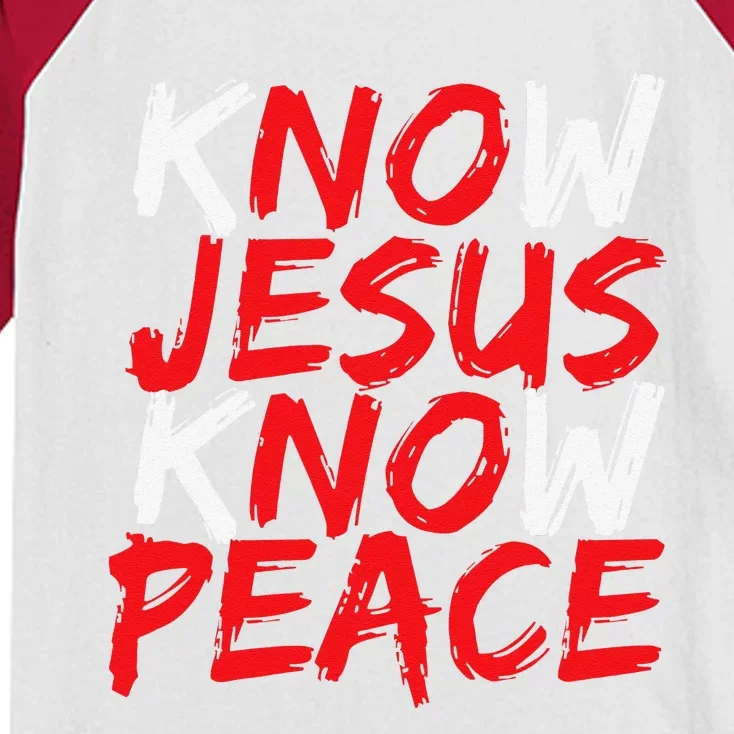 Christian Jesus Bible Verse Scripture Know Jesus Know Peace Kids Colorblock Raglan Jersey