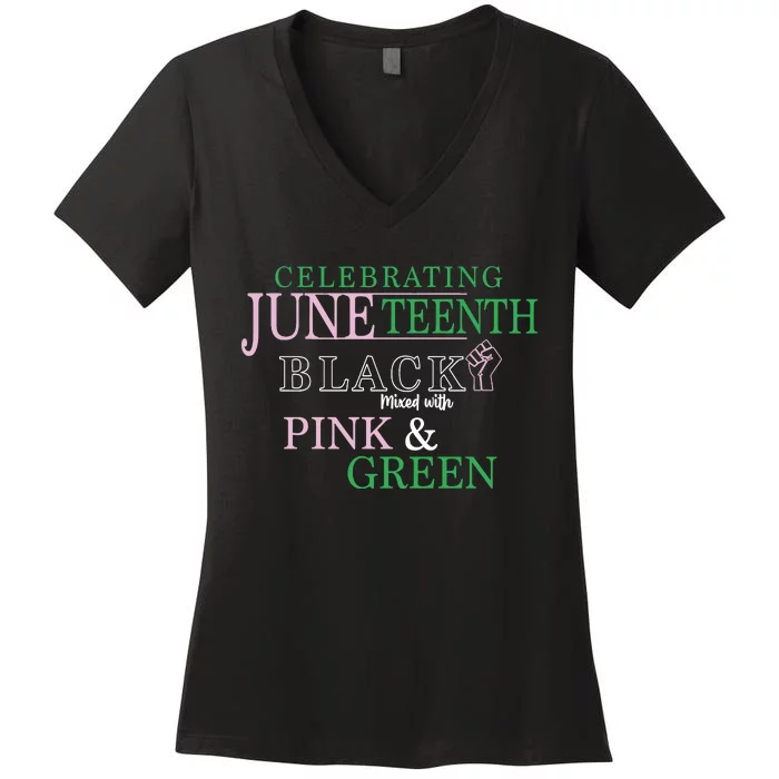 Celebrating Juneteenth Black Mixed With Pink And Green Black History Month Women's V-Neck T-Shirt