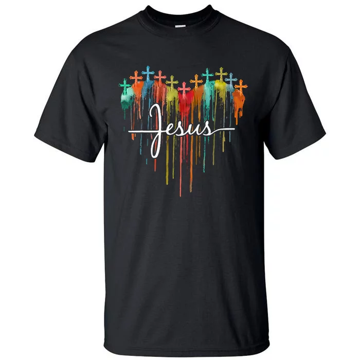 Colorful Jesus Cross Melting Heart For Christian Jesus Lover Tall T-Shirt