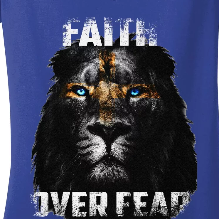 Christian Jesus Faith Over Fear Religious Lion Of Judah Women's V-Neck T-Shirt