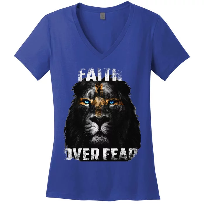 Christian Jesus Faith Over Fear Religious Lion Of Judah Women's V-Neck T-Shirt