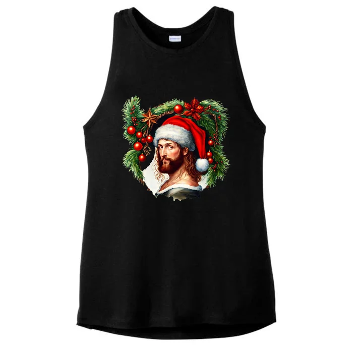 Christmas Jesus In Santa Hat Portrait Decorations Ladies Tri-Blend Wicking Tank