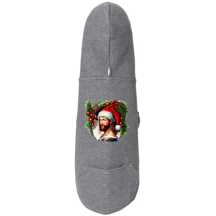 Christmas Jesus In Santa Hat Portrait Decorations Doggie 3-End Fleece Hoodie