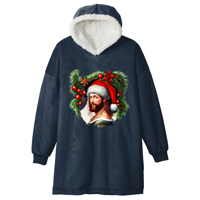 Christmas Jesus In Santa Hat Portrait Decorations Hooded Wearable Blanket