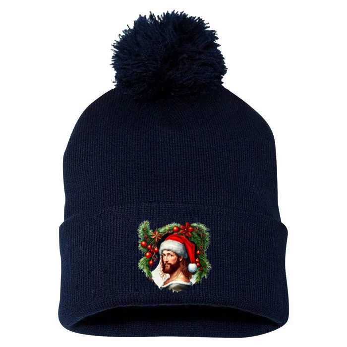 Christmas Jesus In Santa Hat Portrait Decorations Pom Pom 12in Knit Beanie