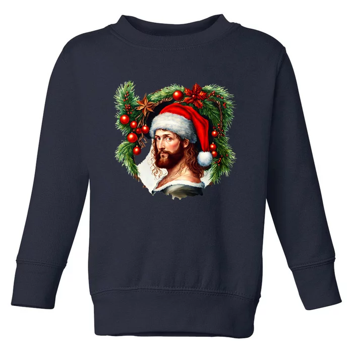 Christmas Jesus In Santa Hat Portrait Decorations Toddler Sweatshirt