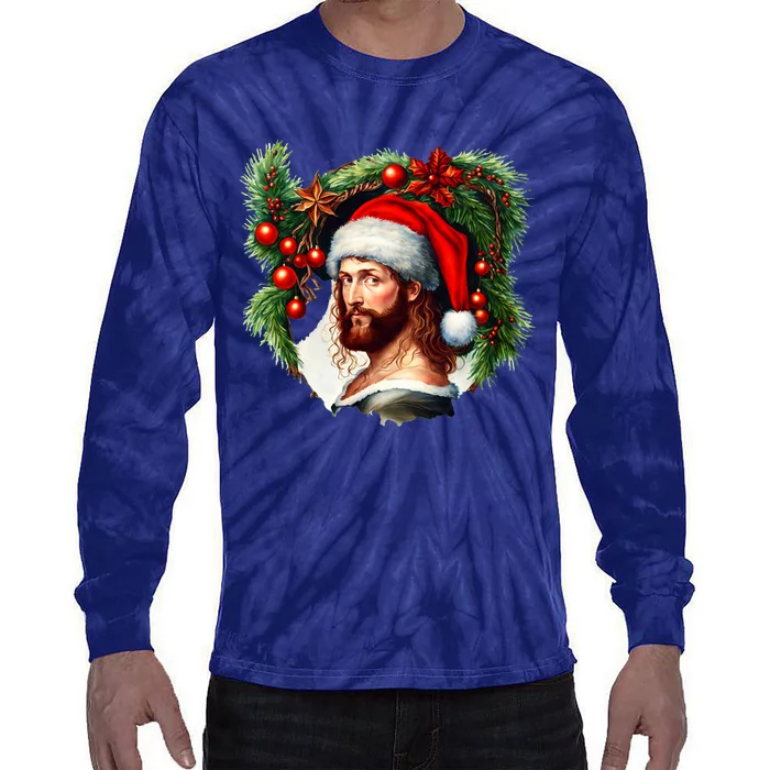 Christmas Jesus In Santa Hat Portrait Decorations Tie-Dye Long Sleeve Shirt