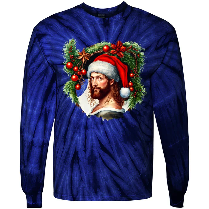 Christmas Jesus In Santa Hat Portrait Decorations Tie-Dye Long Sleeve Shirt