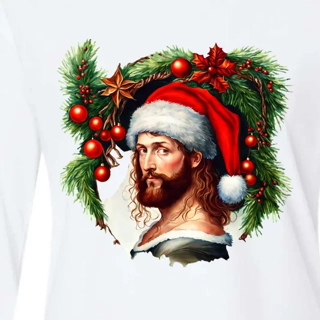 Christmas Jesus In Santa Hat Portrait Decorations Womens Cotton Relaxed Long Sleeve T-Shirt