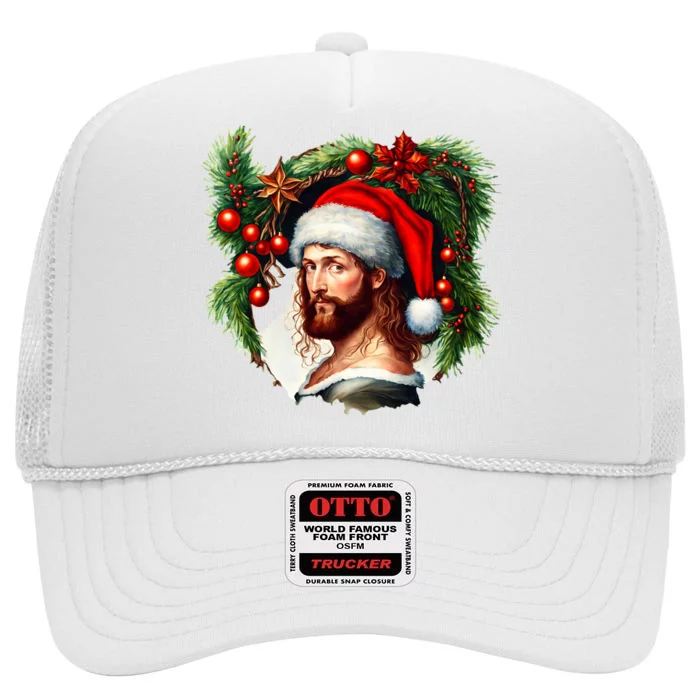 Christmas Jesus In Santa Hat Portrait Decorations High Crown Mesh Trucker Hat