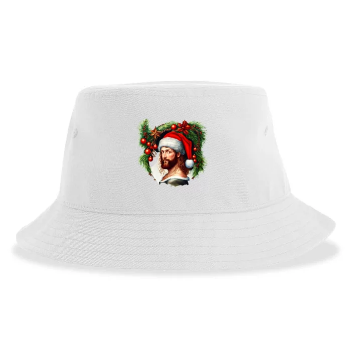 Christmas Jesus In Santa Hat Portrait Decorations Sustainable Bucket Hat