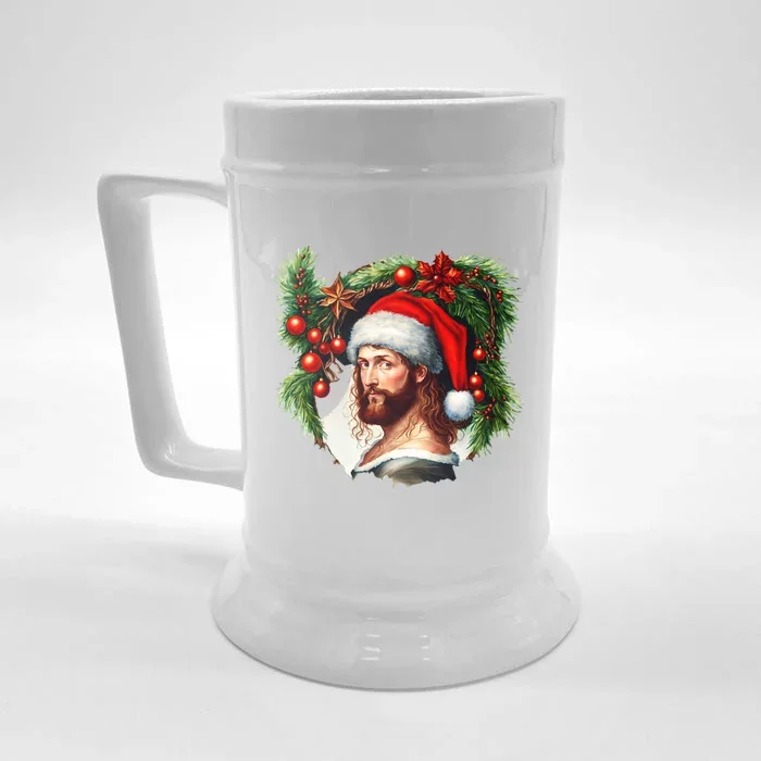 Christmas Jesus In Santa Hat Portrait Decorations Front & Back Beer Stein