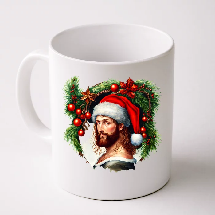 Christmas Jesus In Santa Hat Portrait Decorations Front & Back Coffee Mug