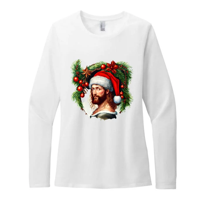 Christmas Jesus In Santa Hat Portrait Decorations Womens CVC Long Sleeve Shirt