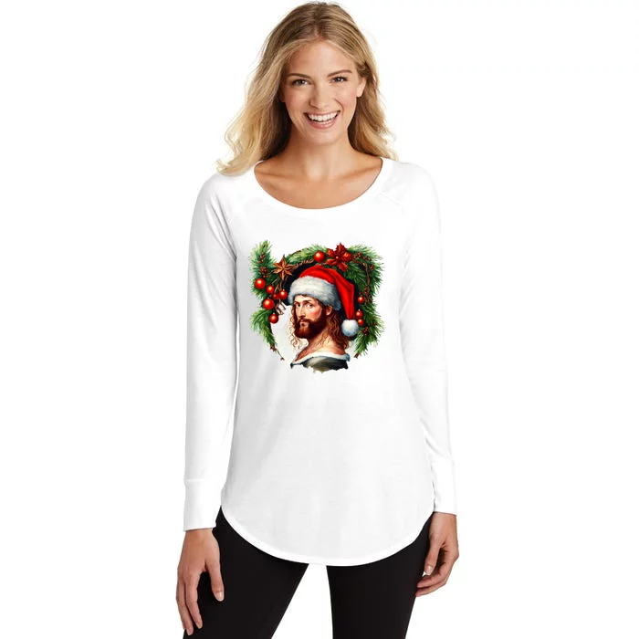 Christmas Jesus In Santa Hat Portrait Decorations Women's Perfect Tri Tunic Long Sleeve Shirt