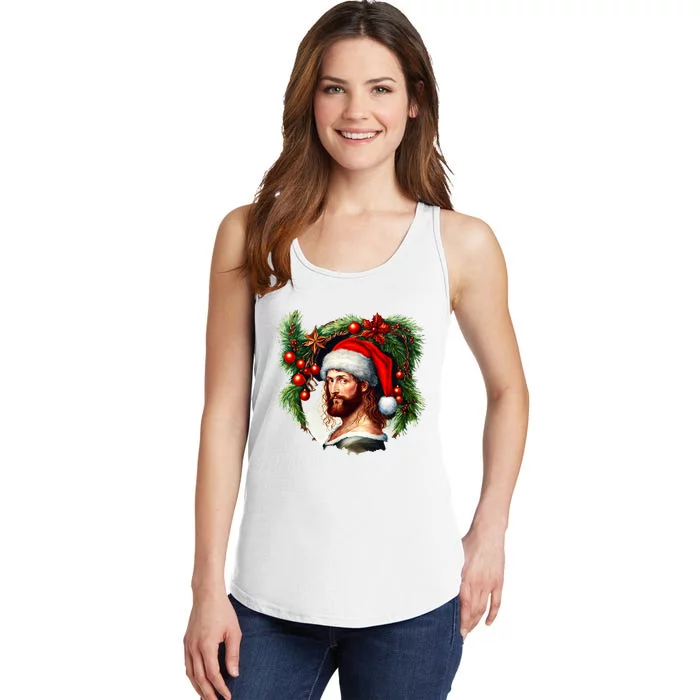 Christmas Jesus In Santa Hat Portrait Decorations Ladies Essential Tank