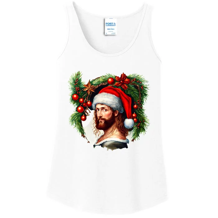 Christmas Jesus In Santa Hat Portrait Decorations Ladies Essential Tank