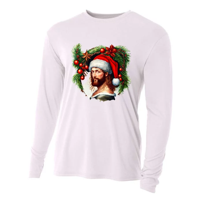 Christmas Jesus In Santa Hat Portrait Decorations Cooling Performance Long Sleeve Crew