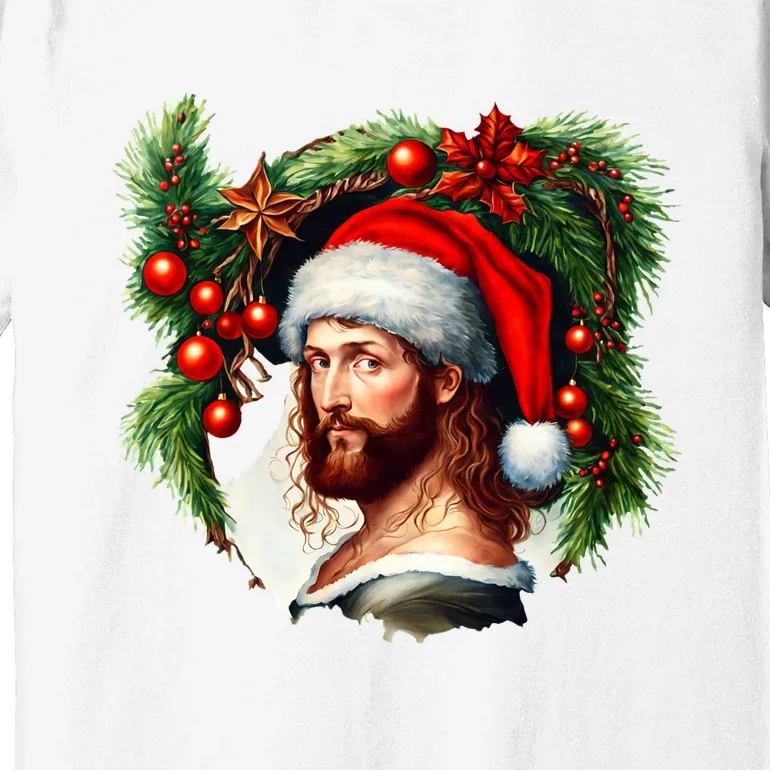 Christmas Jesus In Santa Hat Portrait Decorations Premium T-Shirt