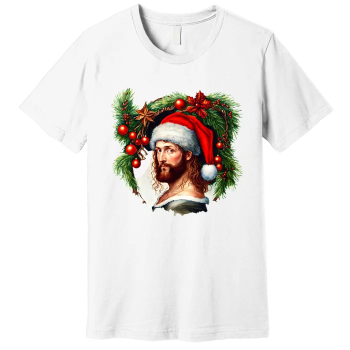 Christmas Jesus In Santa Hat Portrait Decorations Premium T-Shirt