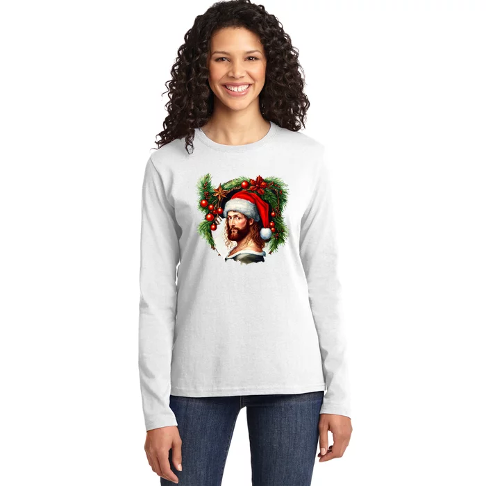 Christmas Jesus In Santa Hat Portrait Decorations Ladies Long Sleeve Shirt