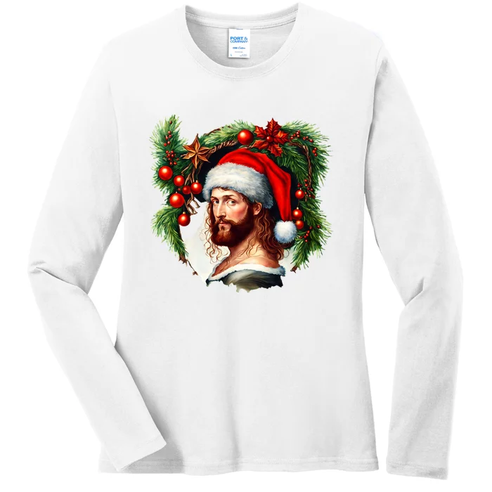 Christmas Jesus In Santa Hat Portrait Decorations Ladies Long Sleeve Shirt